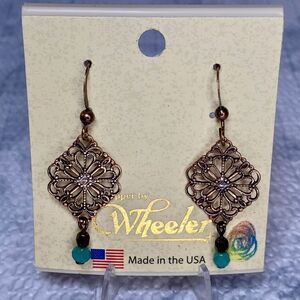 Copper by Wheeler Filigree Aqua Bead Dangle Earrings Boho Bohemian NEW NWT
